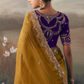 Designer Mustard Yellow Embroidered Silk Saree with Purple Blouse