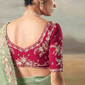 Designer Sage Green Silk Saree Contrasting Red Embroidered Blouse