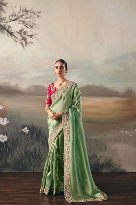 Designer Sage Green Silk Saree Contrasting Red Embroidered Blouse