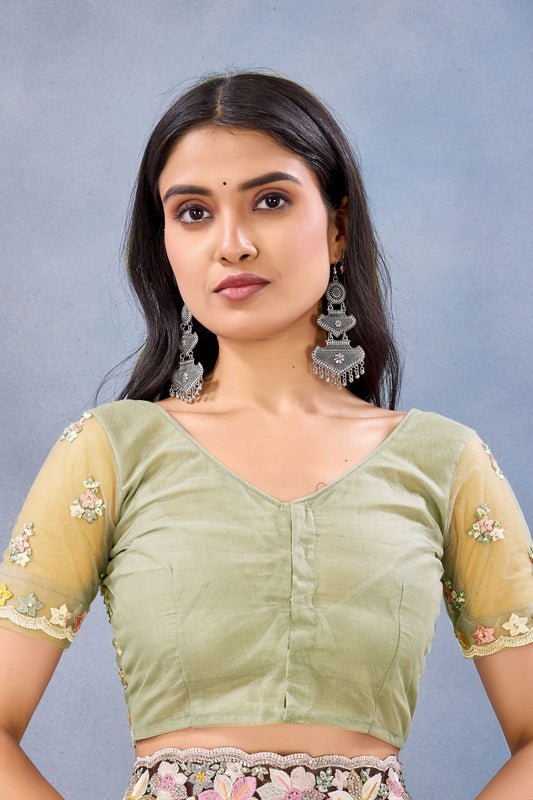 Pastel Yellow Floral Embroidered Net Saree with Designer Border