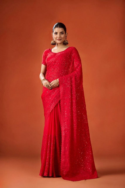 Red Embroidered Georgette Saree with Blouse Piece Party Wear Saree 