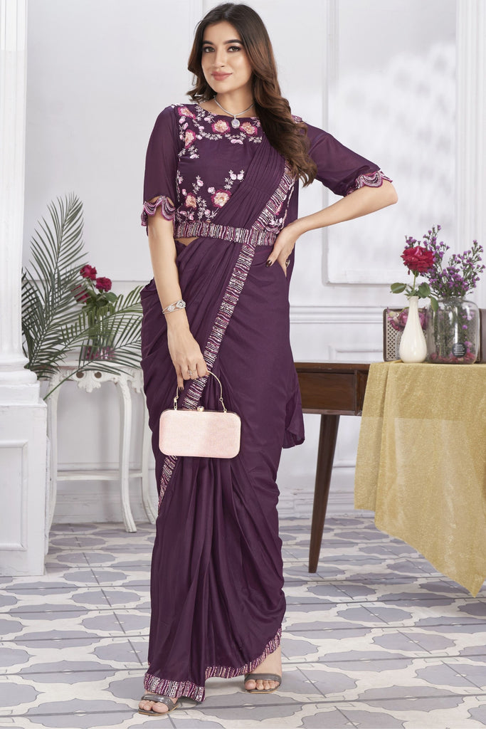 Wine Purple Designer Saree with Floral Embroidered Blouse