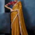  Mustard Yellow Embroidered Designer Saree with Heavy Border 