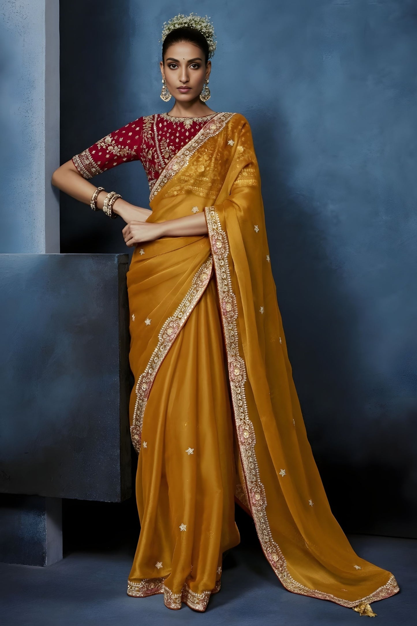 Mustard Yellow Embroidered Designer Saree with Heavy Border 