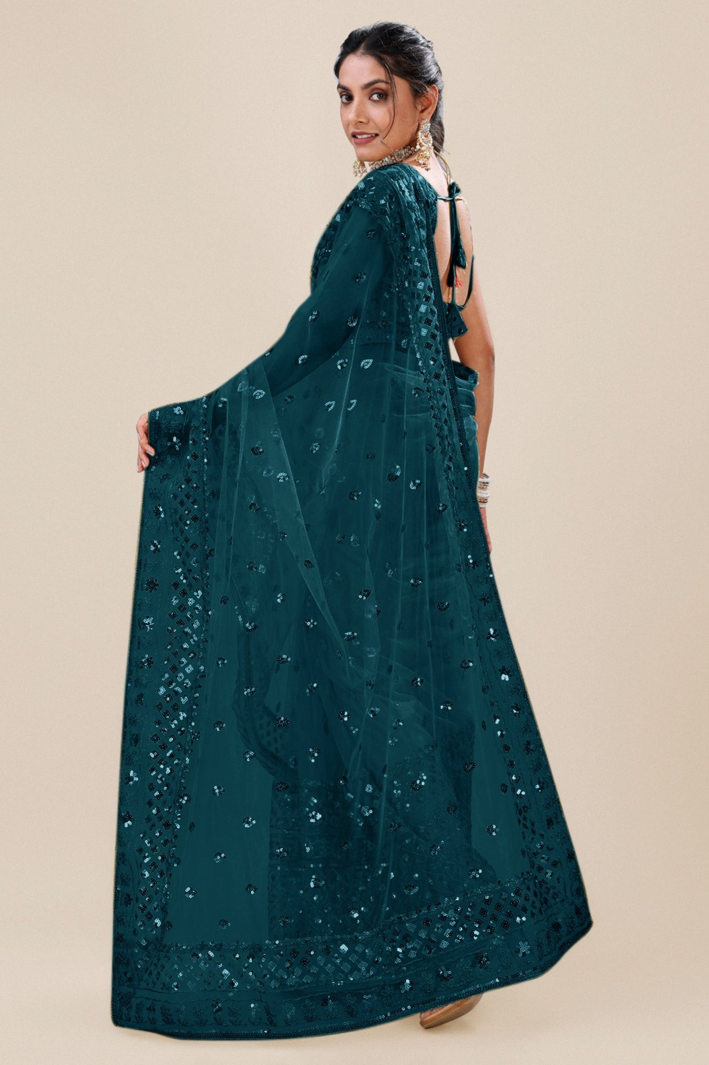 Teal Green Net Saree Heavy Sequins Embroidery Designer Blouse