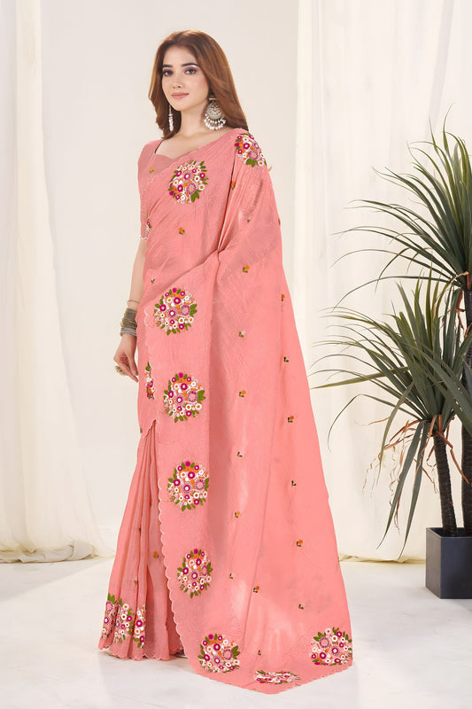 Peach Organza Saree with Floral Embroidery Designer Blouse