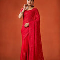 Red Embroidered Georgette Saree with Blouse Piece Party Wear Saree