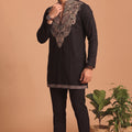 Stylish Black Lachka Designer Kurta Pyjama Set for Men with Embroidered Work