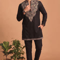 Stylish Black Lachka Designer Kurta Pyjama Set for Men with Embroidered Work