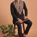 Stylish Black Lachka Designer Kurta Pyjama Set for Men with Embroidered Work