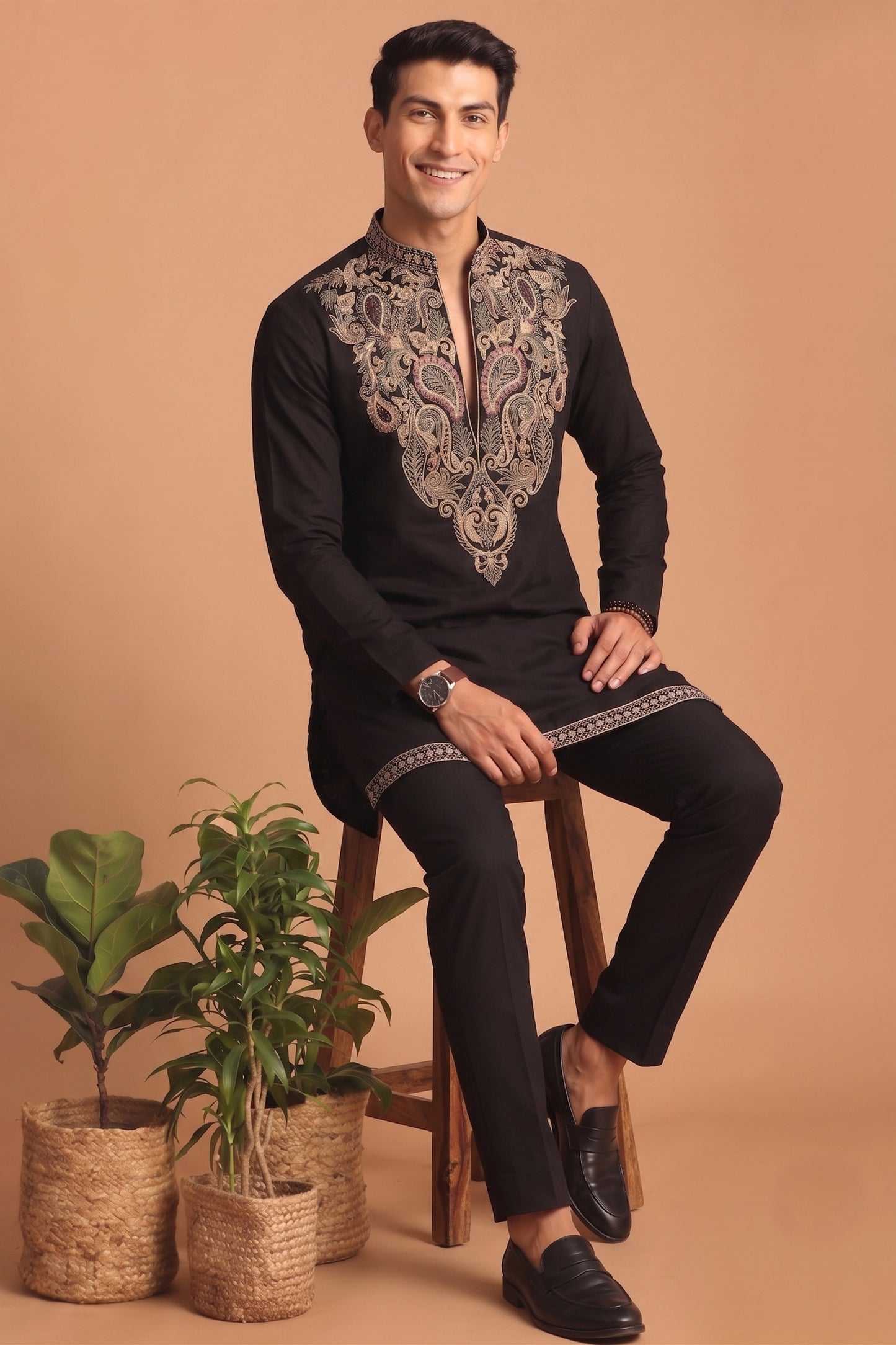 Stylish Black Lachka Designer Kurta Pyjama Set for Men with Embroidered Work