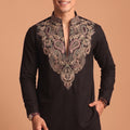 Stylish Black Lachka Designer Kurta Pyjama Set for Men with Embroidered Work