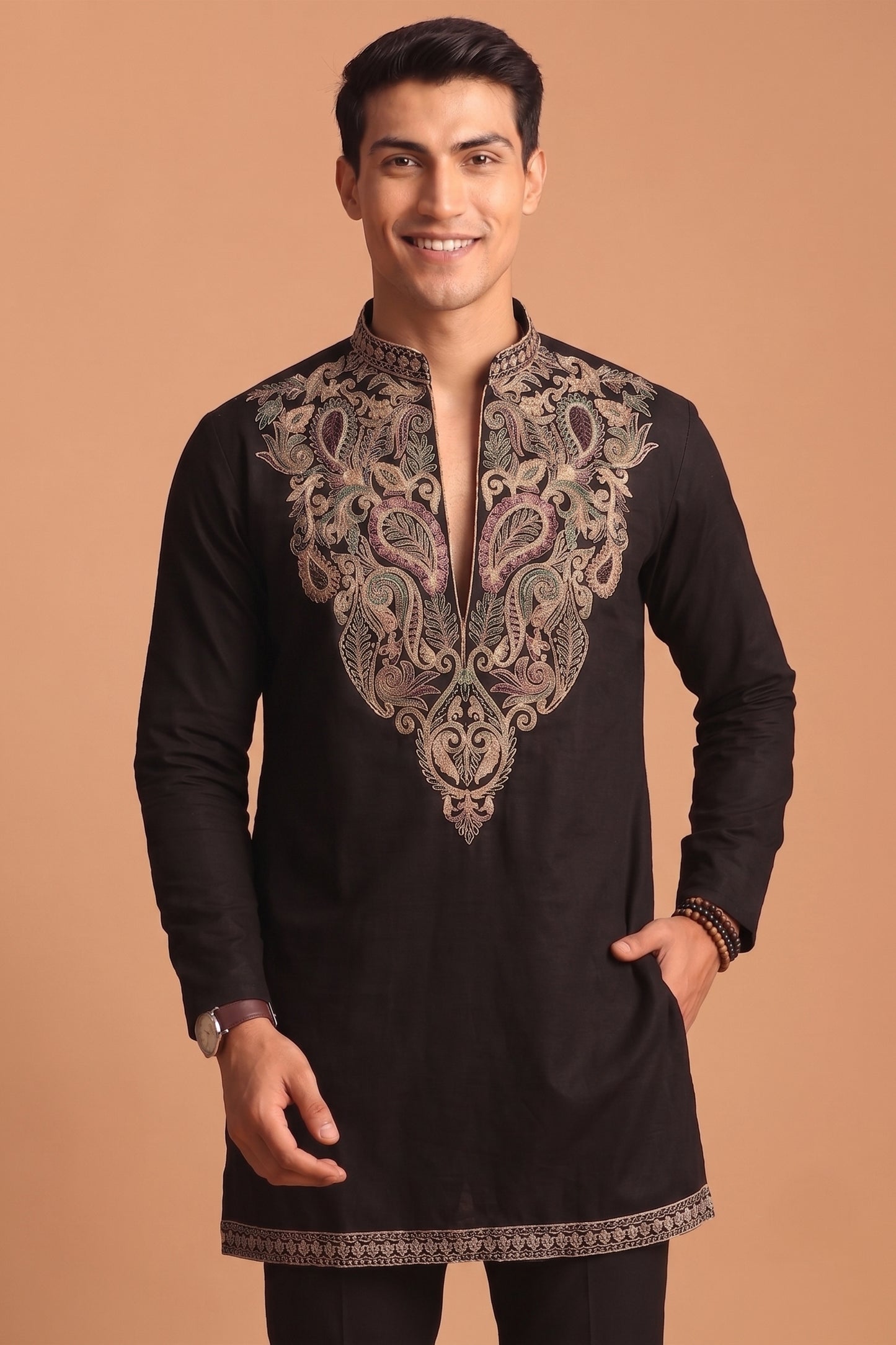 Stylish Black Lachka Designer Kurta Pyjama Set for Men with Embroidered Work
