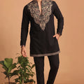Stylish Black Lachka Designer Kurta Pyjama Set for Men with Embroidered Work