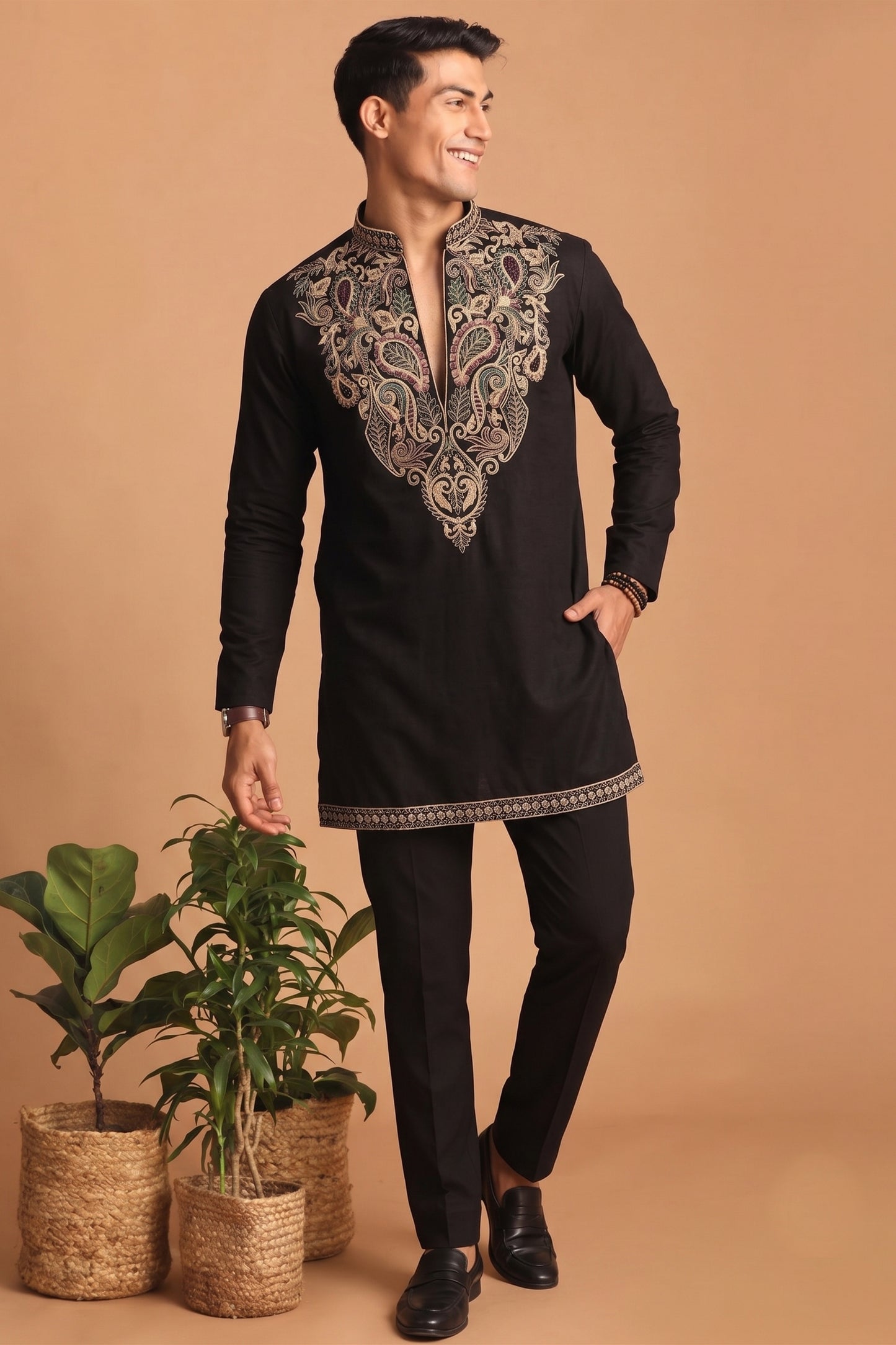 Stylish Black Lachka Designer Kurta Pyjama Set for Men with Embroidered Work