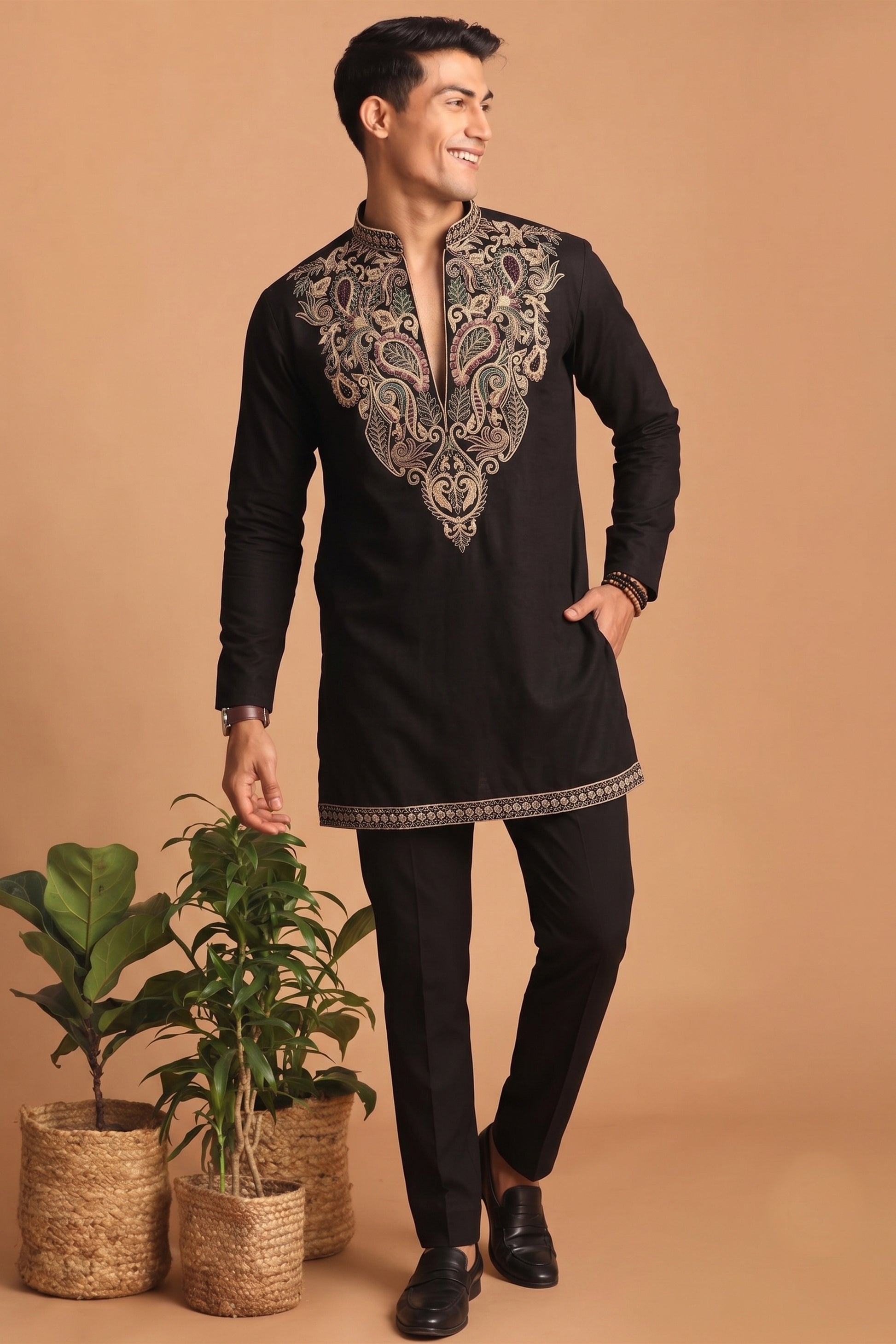 Stylish Black Lachka Designer Kurta Pyjama Set for Men with Embroidered Work