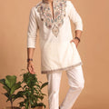 Awesome Off White Lachka Designer Kurta Pyjama Set with Embroidered Work for Wedding