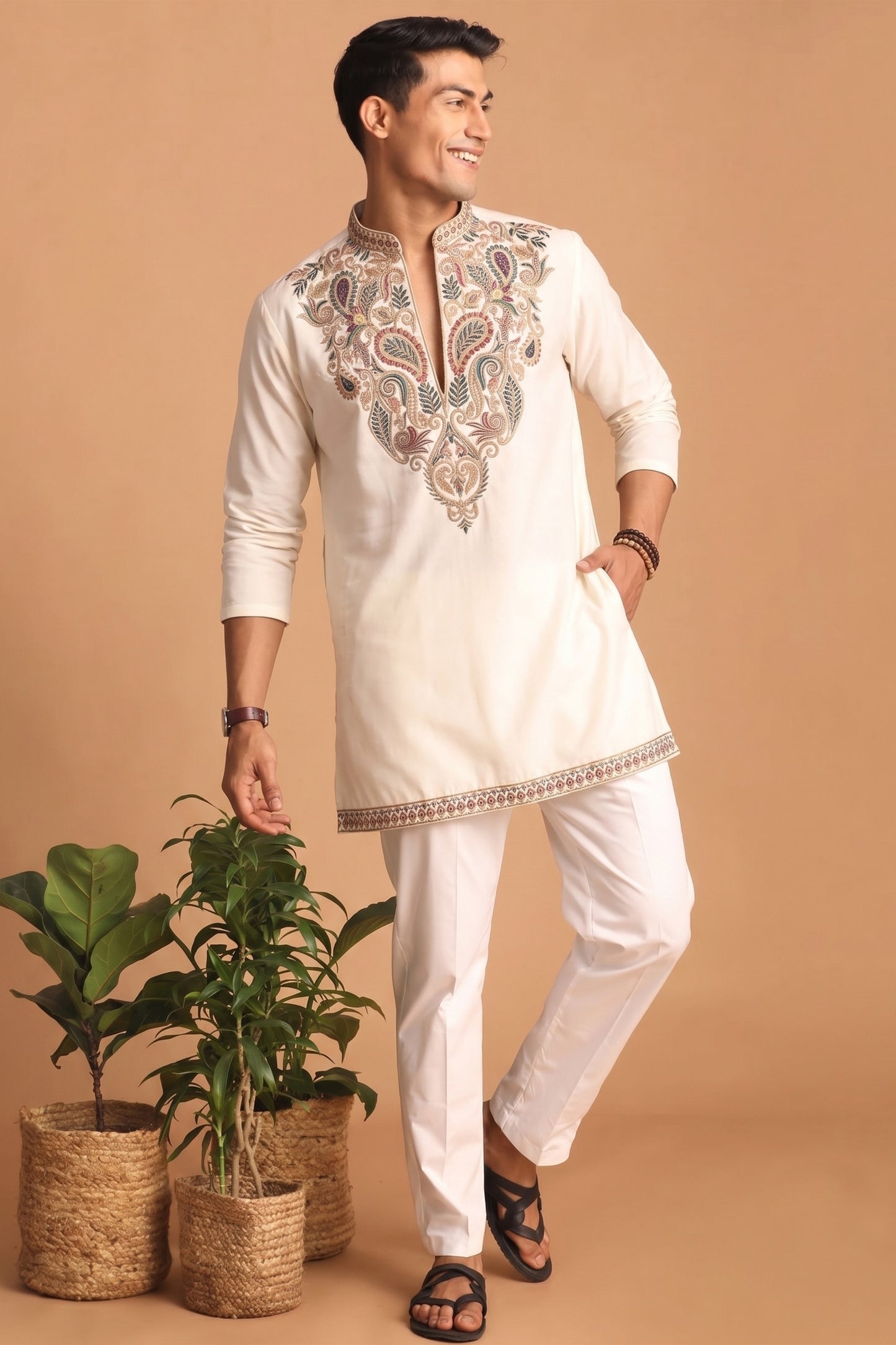 Awesome Off White Lachka Designer Kurta Pyjama Set with Embroidered Work for Wedding