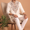 Awesome Off White Lachka Designer Kurta Pyjama Set with Embroidered Work for Wedding