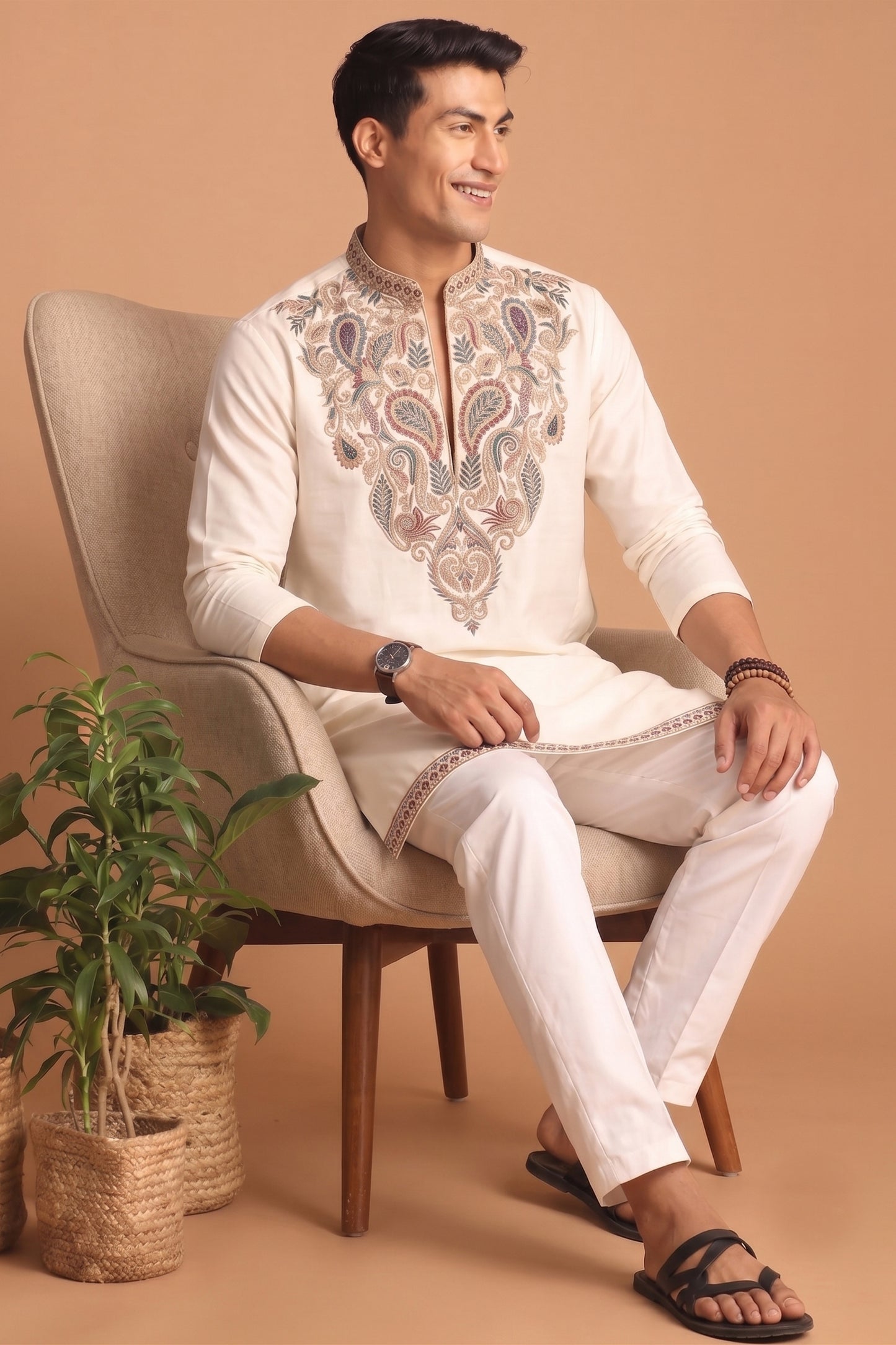 Awesome Off White Lachka Designer Kurta Pyjama Set with Embroidered Work for Wedding