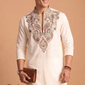 Awesome Off White Lachka Designer Kurta Pyjama Set with Embroidered Work for Wedding