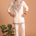 Awesome Off White Lachka Designer Kurta Pyjama Set with Embroidered Work for Wedding