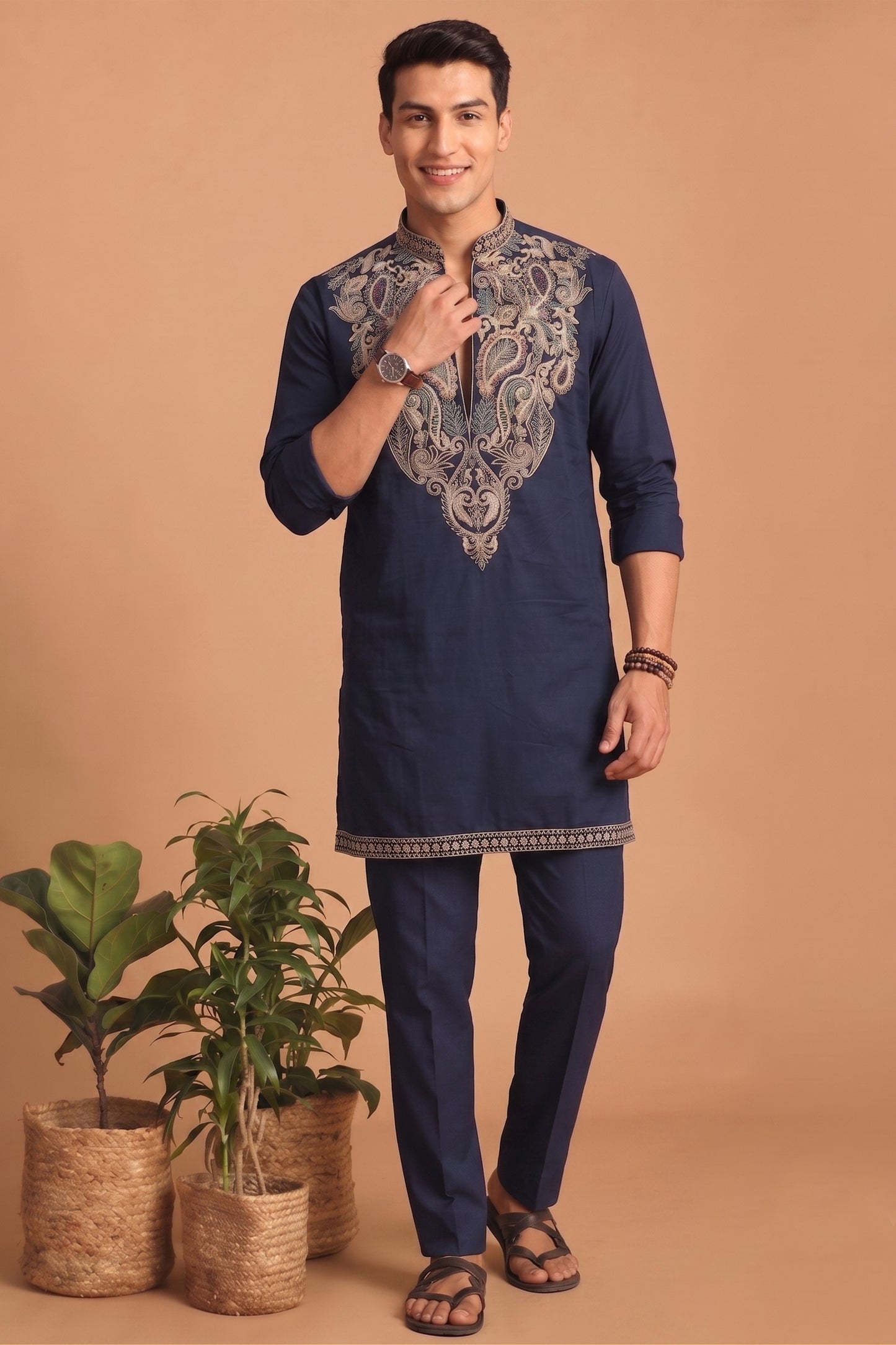 Superb Navy Blue Lachka Designer Kurta Pyjama Set with Embroidered Work for Wedding