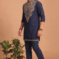 Superb Navy Blue Lachka Designer Kurta Pyjama Set with Embroidered Work for Wedding