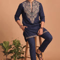 Superb Navy Blue Lachka Designer Kurta Pyjama Set with Embroidered Work for Wedding