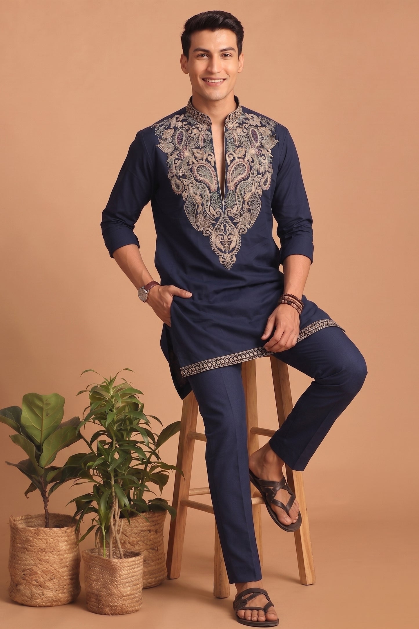 Superb Navy Blue Lachka Designer Kurta Pyjama Set with Embroidered Work for Wedding