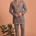 Stunning Grey Lachka Designer Kurta Pyjama Set with Embroidered Work for Wedding