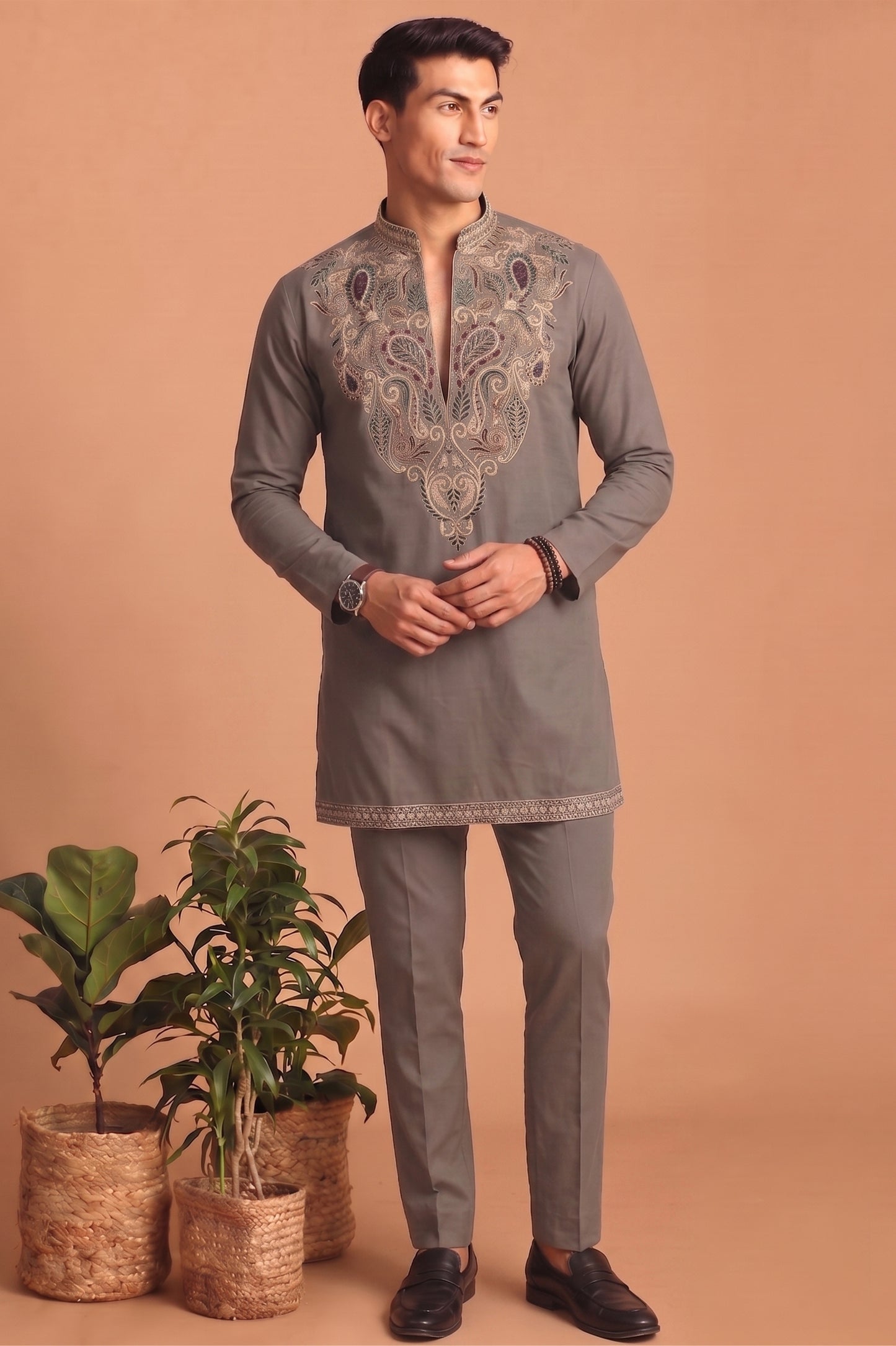 Stunning Grey Lachka Designer Kurta Pyjama Set with Embroidered Work for Wedding