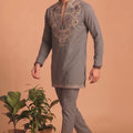 Stunning Grey Lachka Designer Kurta Pyjama Set with Embroidered Work for Wedding