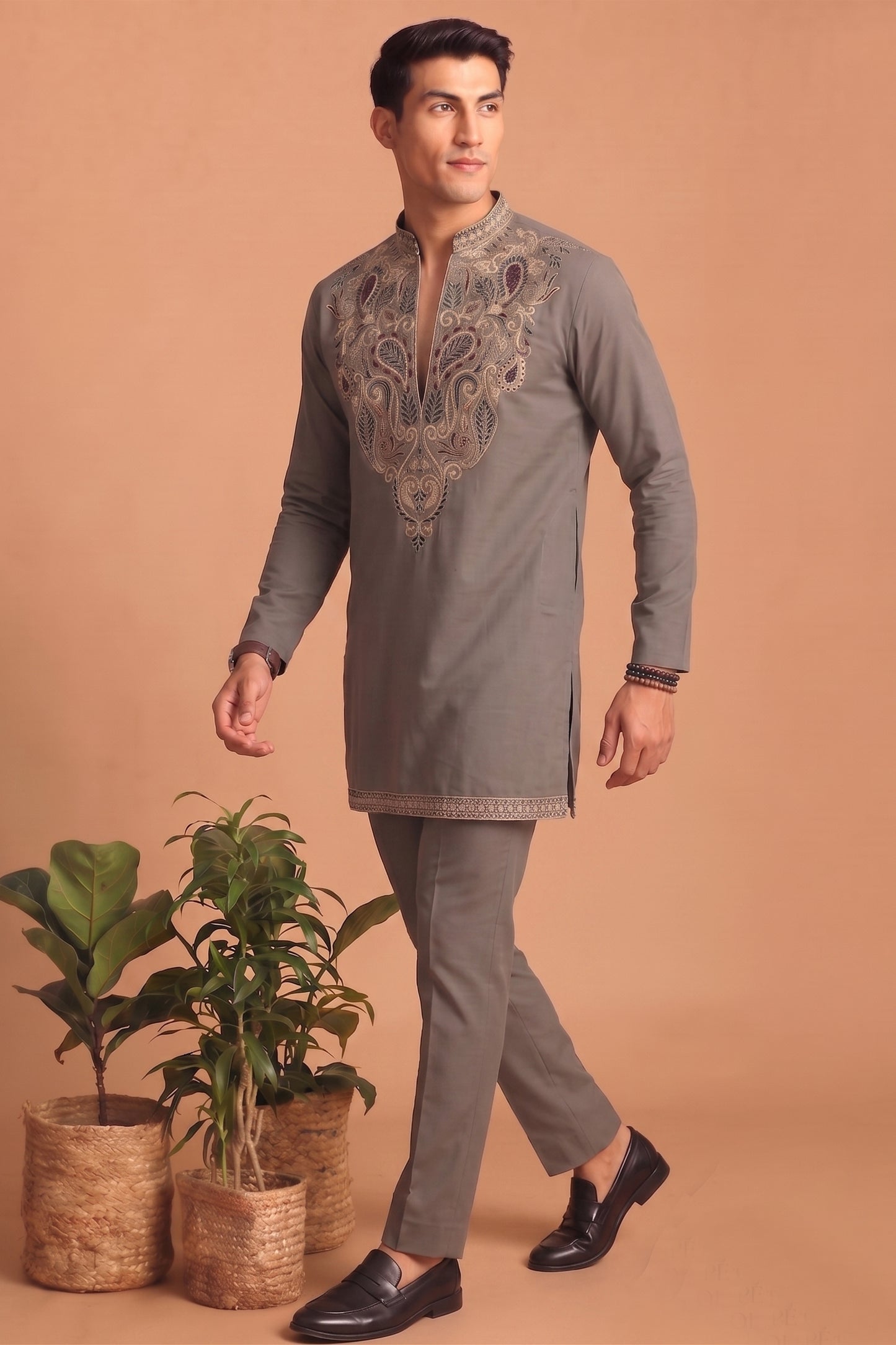 Stunning Grey Lachka Designer Kurta Pyjama Set with Embroidered Work for Wedding