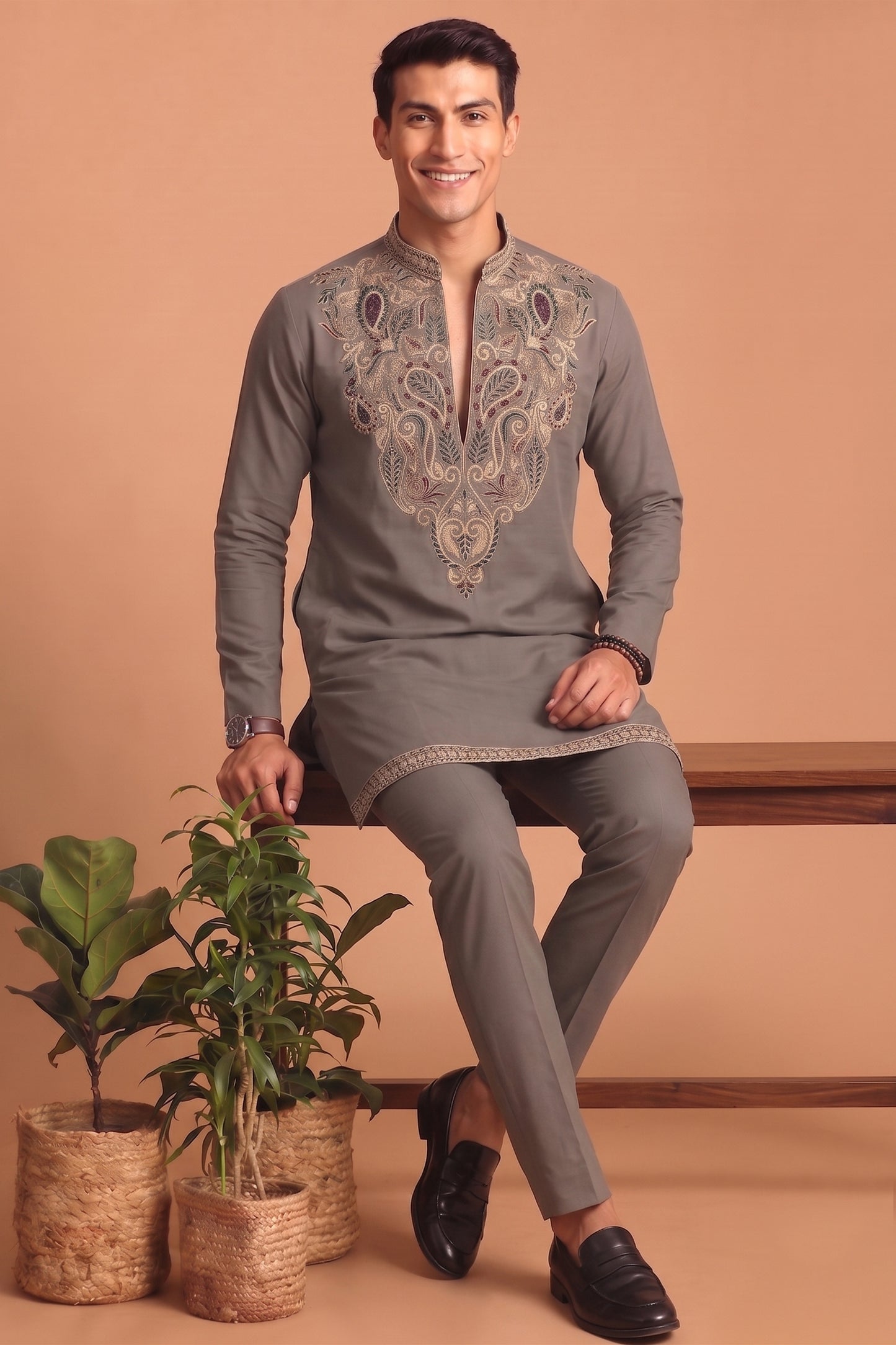 Stunning Grey Lachka Designer Kurta Pyjama Set with Embroidered Work for Wedding