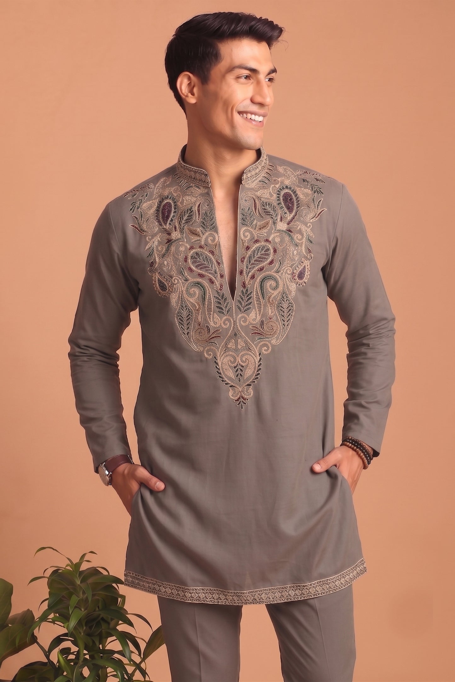 Stunning Grey Lachka Designer Kurta Pyjama Set with Embroidered Work for Wedding