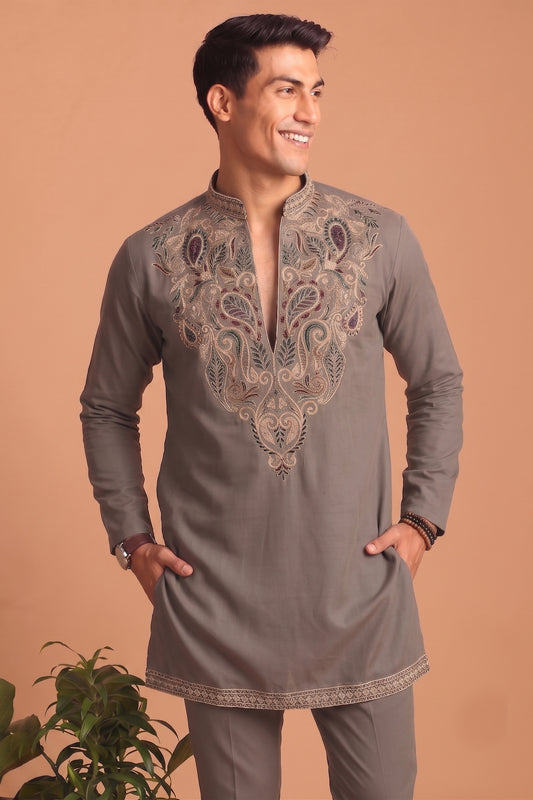Stunning Grey Lachka Designer Kurta Pyjama Set with Embroidered Work for Wedding