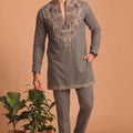 Stunning Grey Lachka Designer Kurta Pyjama Set with Embroidered Work for Wedding
