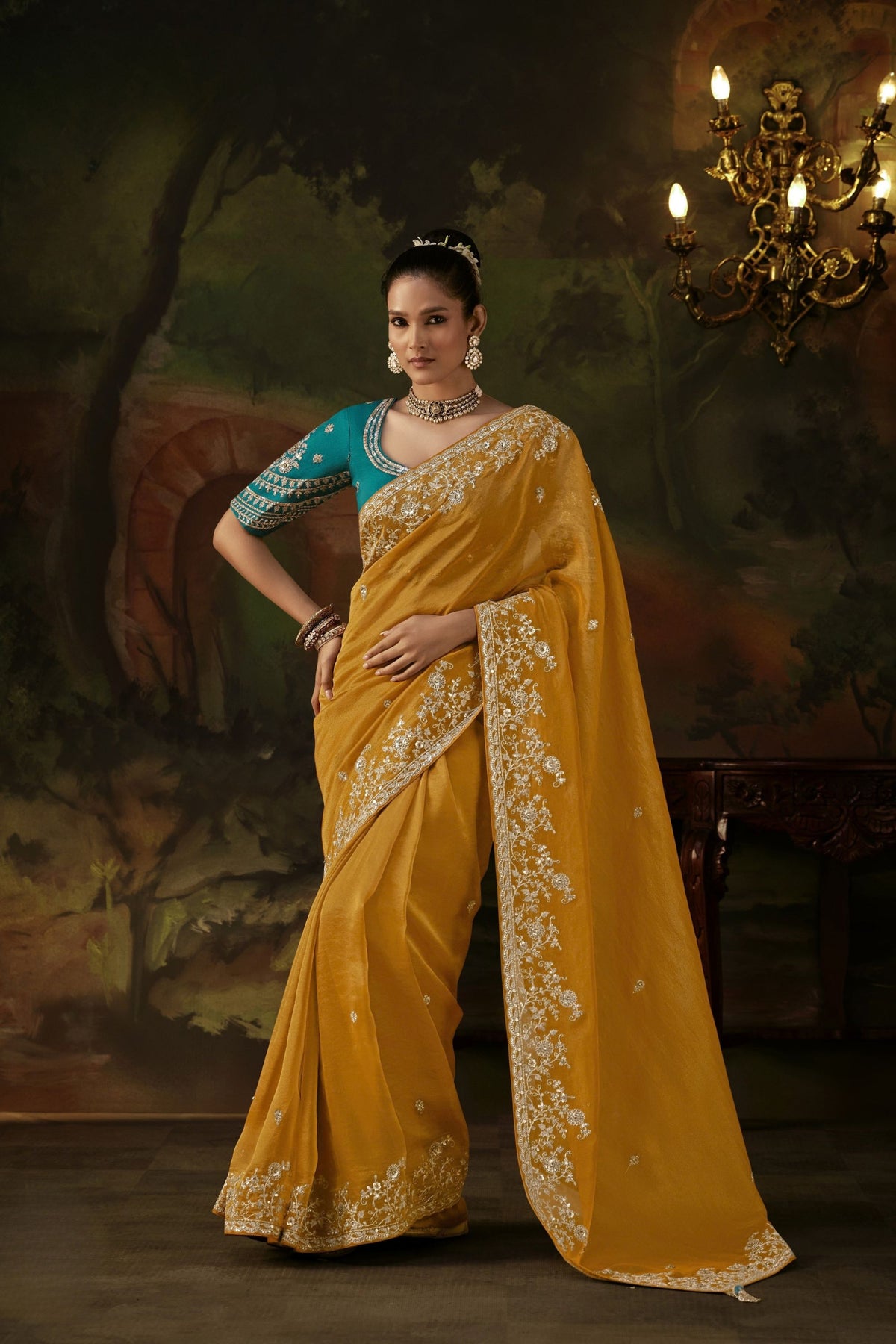 Elegant Mustard Yellow Premium Viscose Zari Embroidery Saree for Women