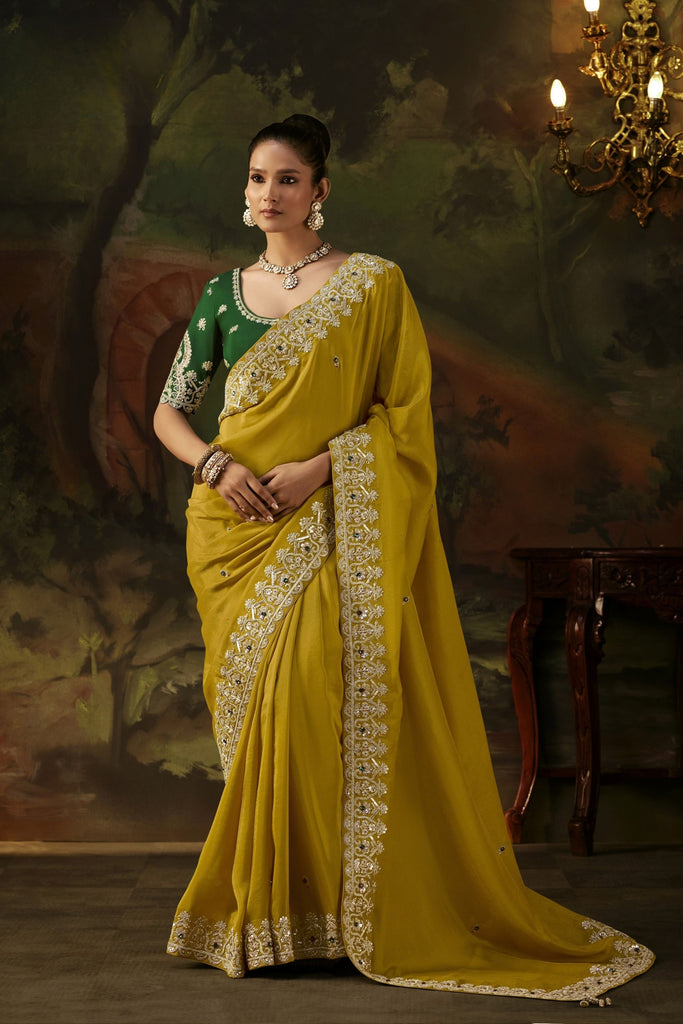 Stylish Mustard Yellow Premium Viscose Zari Embroidery Saree for Women