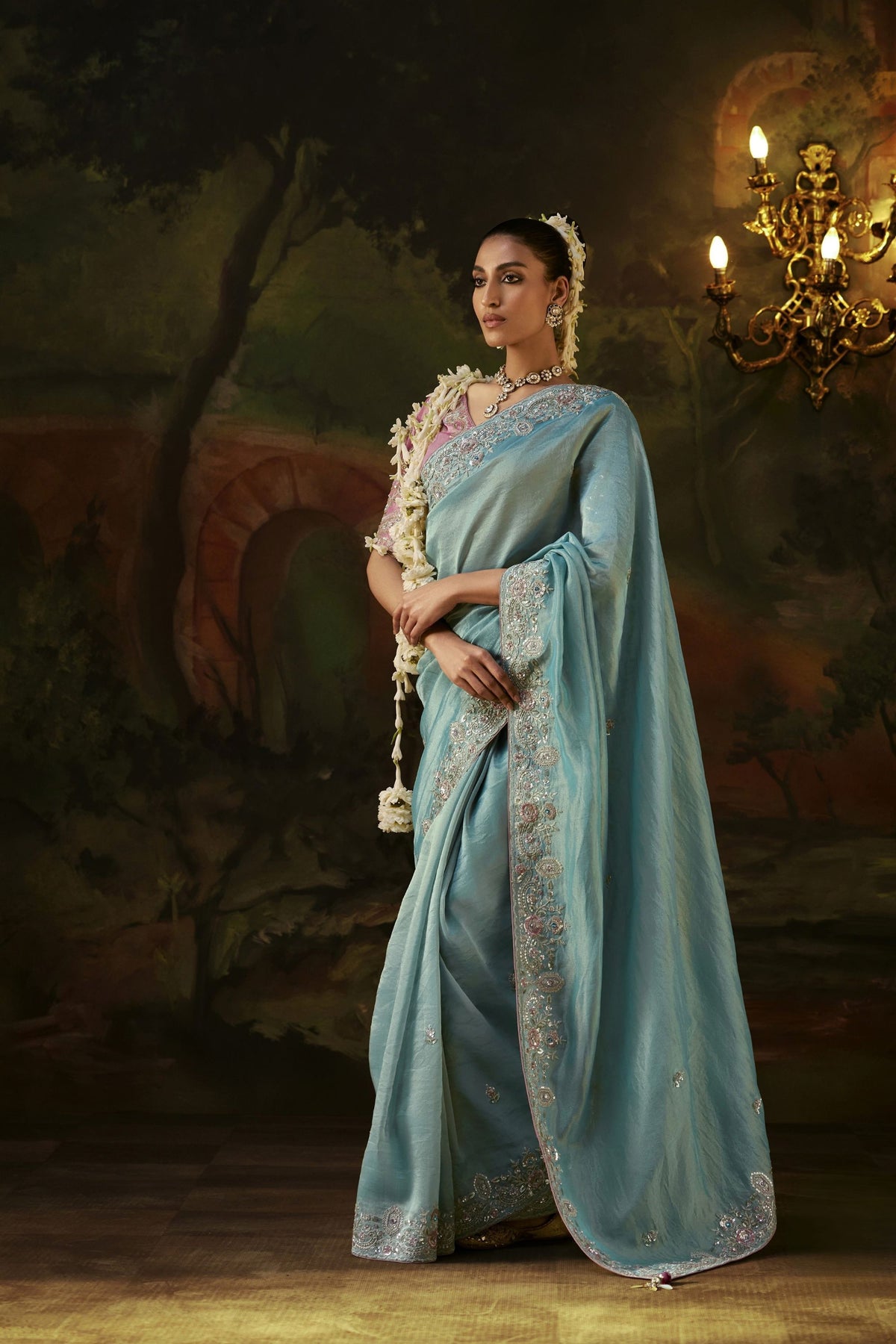 Premium Ice Blue Premium Viscose Zari Embroidery Saree for Women