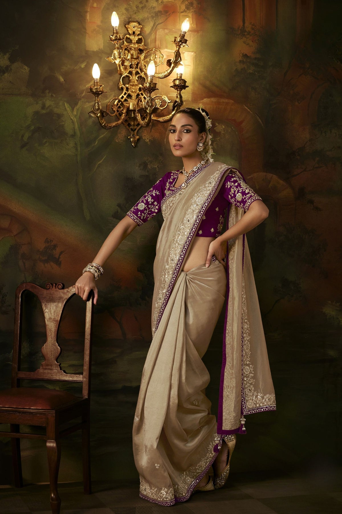 Admirable Beige Premium Viscose Zari Embroidery Saree for Women