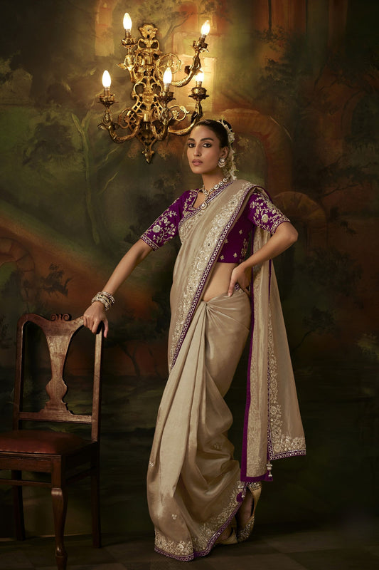 Admirable Beige Premium Viscose Zari Embroidery Saree for Women