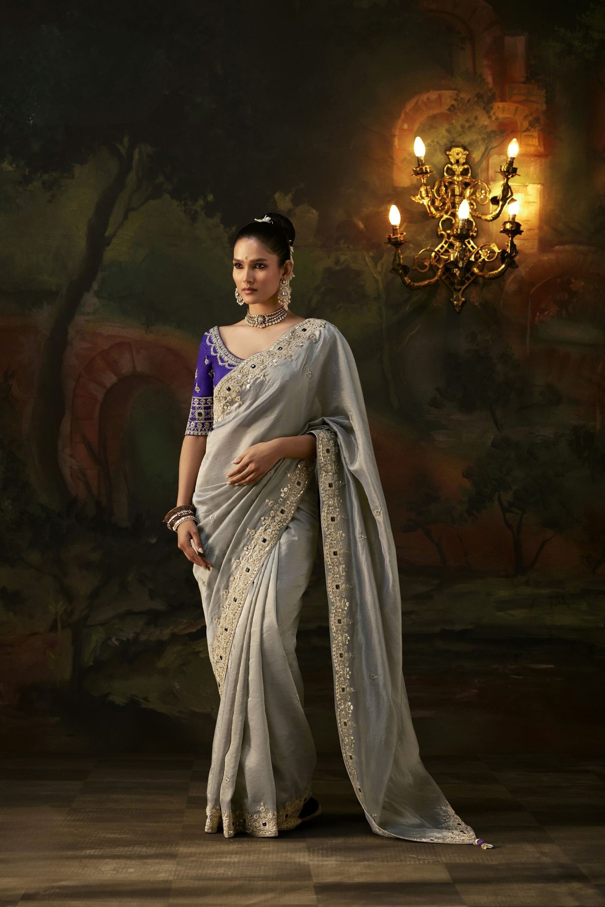 Stylish Silver  Premium Viscose Zari Embroidery Saree for Women