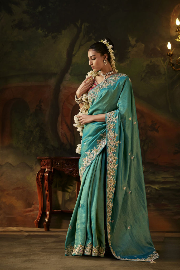 Graceful Teal Green Premium Viscose Zari Embroidery Saree for Women