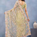 Pastel Yellow Floral Embroidered Net Saree with Designer Border