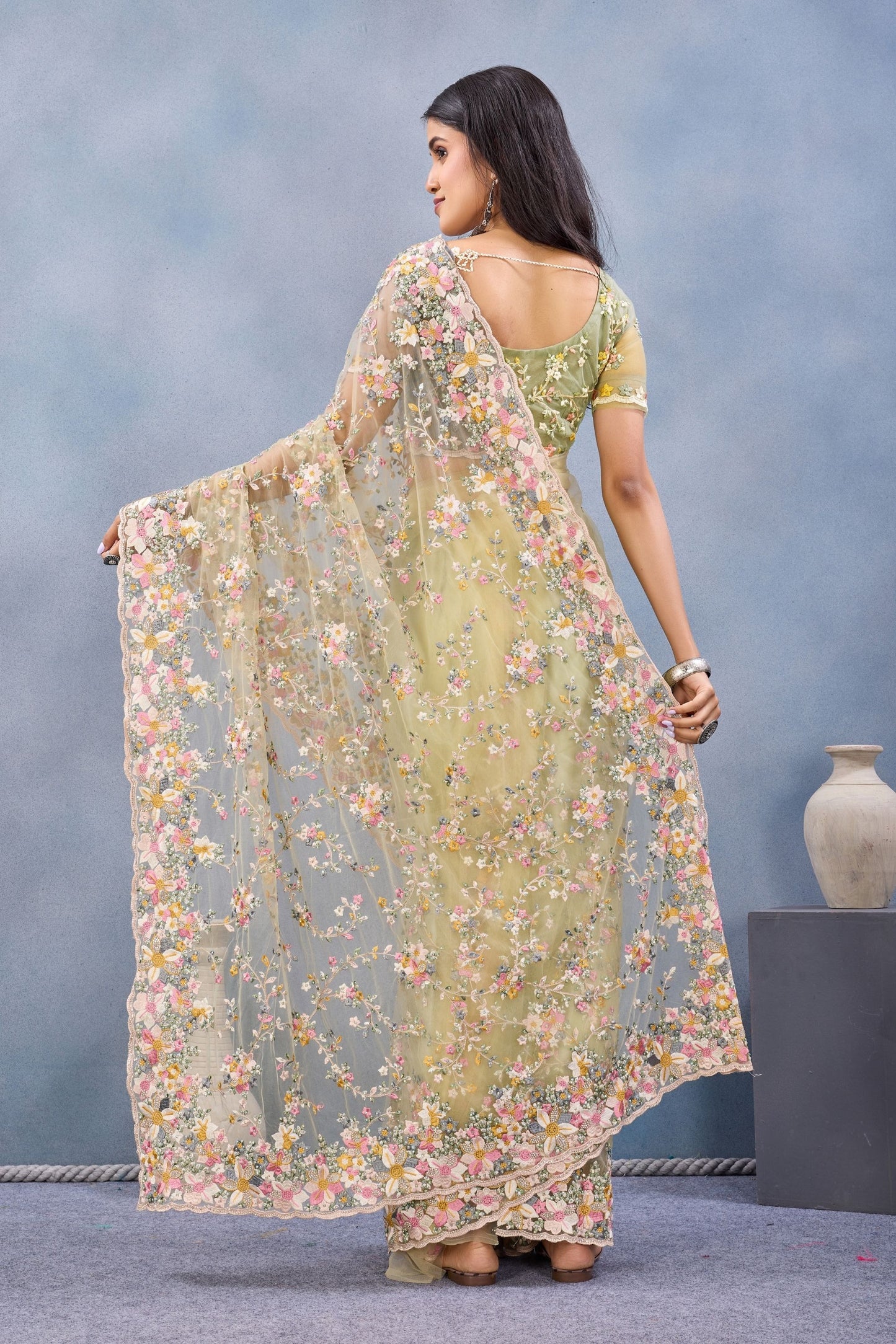 Pastel Yellow Floral Embroidered Net Saree with Designer Border