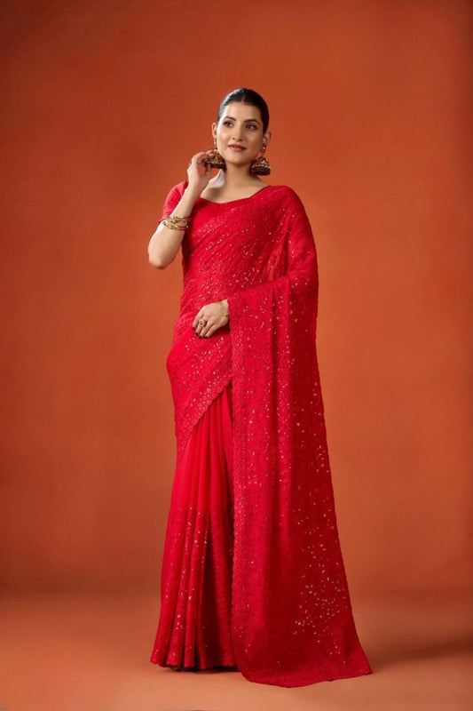 Red Embroidered Georgette Saree with Blouse Piece Party Wear Saree