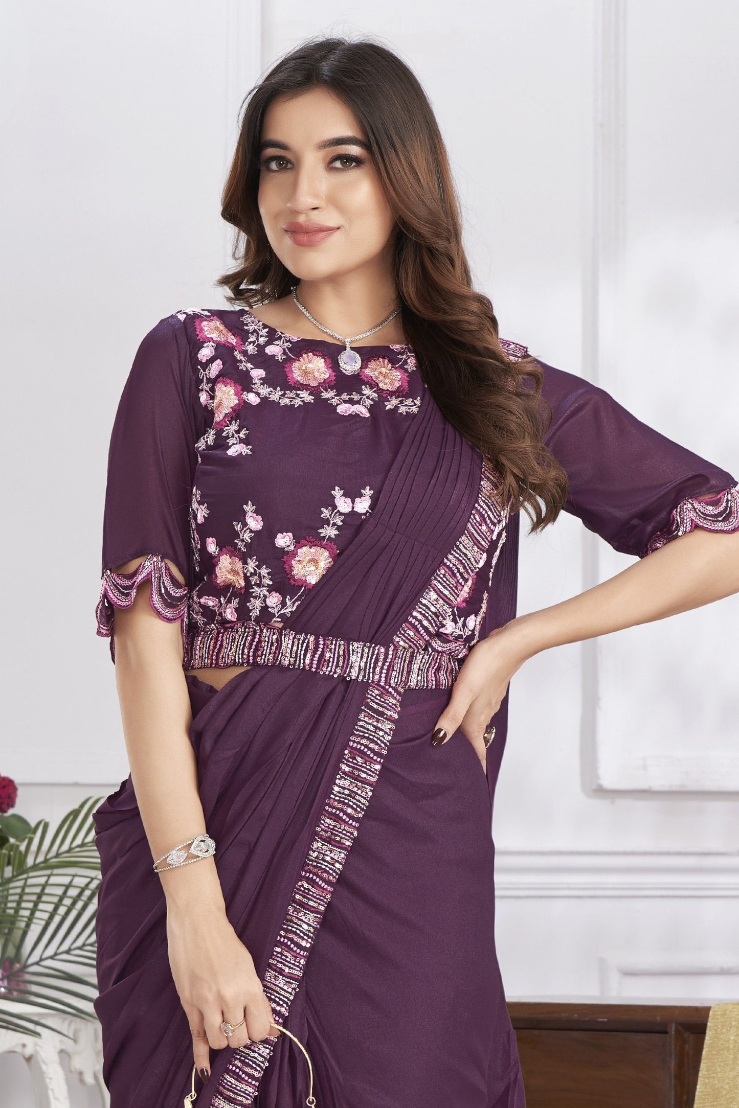 Wine Purple Designer Saree with Floral Embroidered Blouse