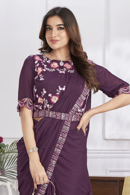 Wine Purple Designer Saree with Floral Embroidered Blouse